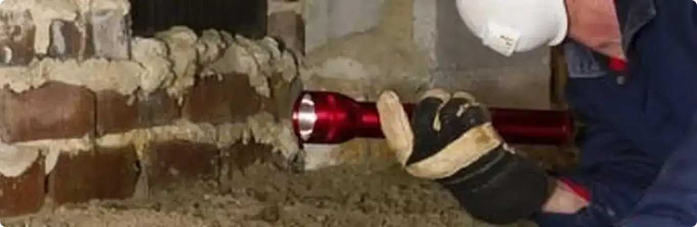 Pest control technician inspecting a crawl space for ant activity in Dravosburg, PA